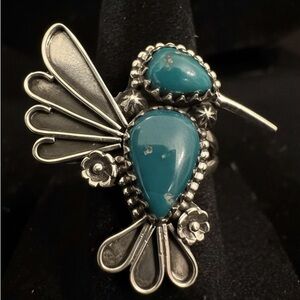 Kingman Turquoise and sterling silver hummingbird ring 925